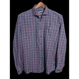 Johnnie O Shirt Mens XL Blue Plaid Button Down Long Sleeve Hangin Out Cotton